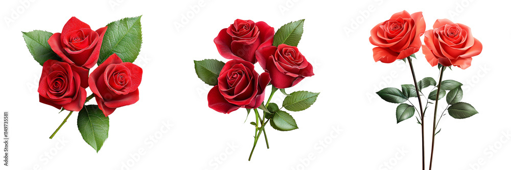 Naklejka premium A collection of vibrant red roses accompanied by lush green leaves, showcasing various arrangements and stages of blooming.