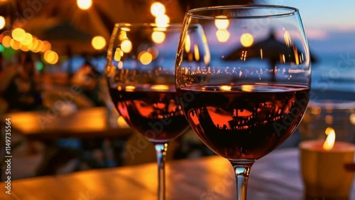 Two glasses of red wine against a scenic evening backdrop with soft lighting.