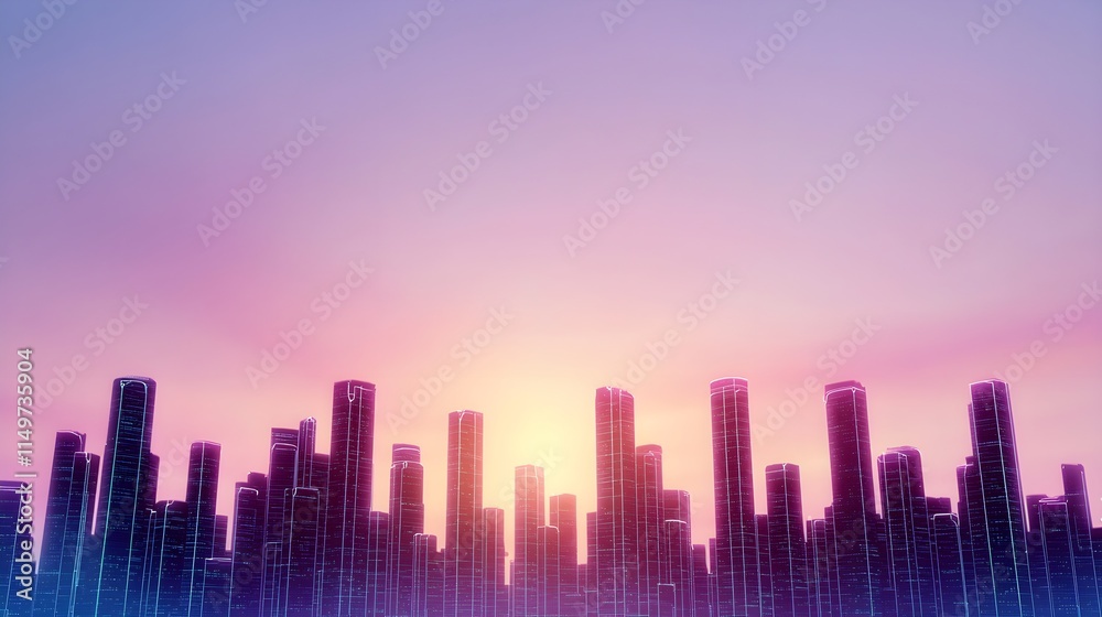 Futuristic city skyline at sunset with neon outlines Futuristic city skyline at sunset with neon outlines