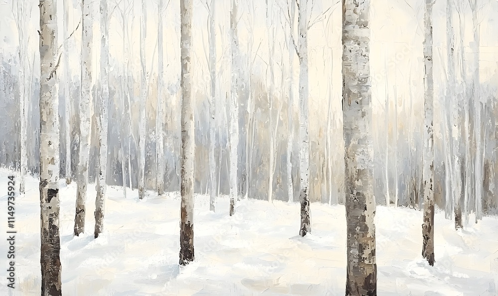 Fototapeta premium A painting of a tranquil birch forest in the snow with textured brushstrokes reminiscent of sunlight using a muted white taupe and gray palette