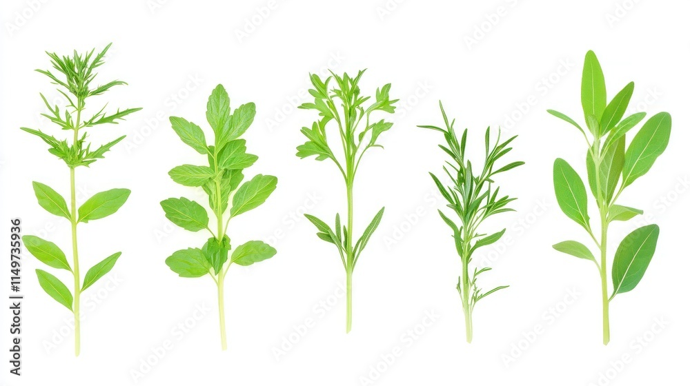 Naklejka premium Five fresh herb sprigs isolated on white.