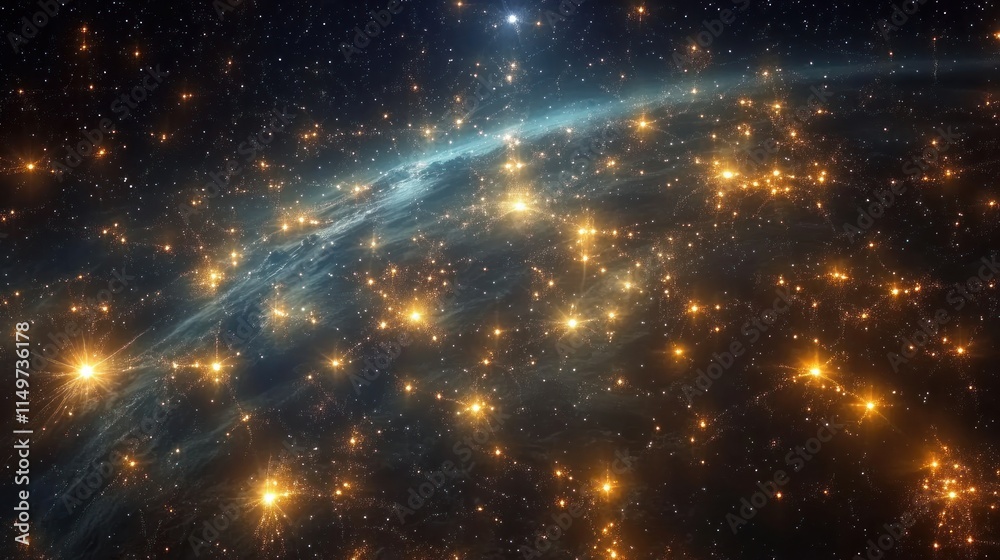 Obraz premium Networks of light linking stars in space to an illuminated Earth below 
