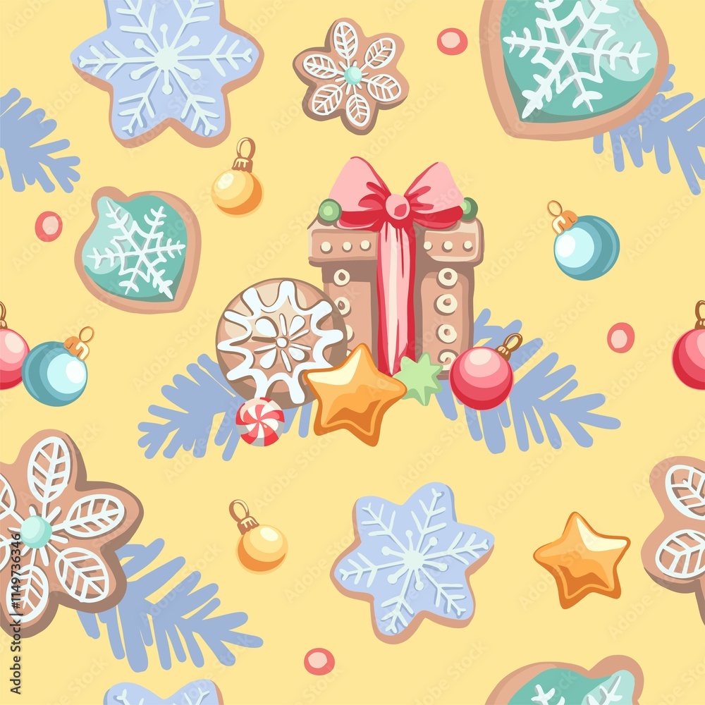 Merry Christmas! Happy New Year - a seamless pattern on a festive, winter theme from cute illustrations, elements in a flat style. Digital illustration Merry Christmas! Happy New Year - a seamless pattern on a festive, winter theme from cute illustrations, elements in a flat style. Digital illustration