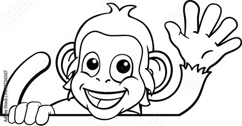 A monkey cartoon character animal peeking over a sign and waving photo