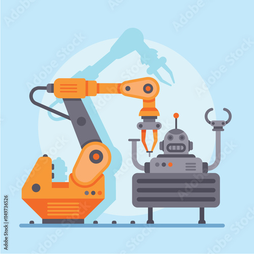 Articulated robotic arm building another funny robot, both standing on a production line inside a modern factory, with a light blue background and a shadow of the arm