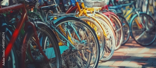 Secondhand bicycles lined up in an outdoor flea market, vibrant colors,  photo