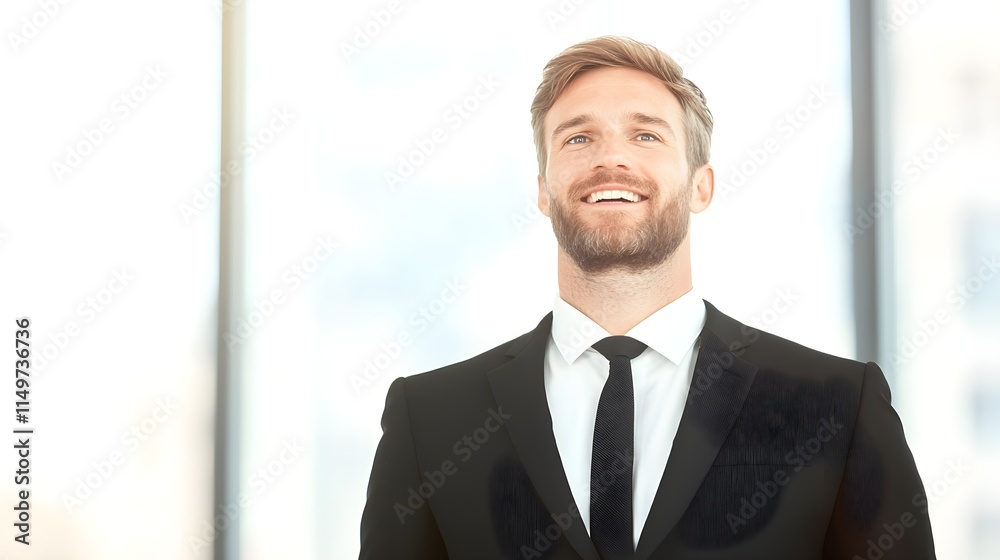 Confident businessman smiling in a modern office setting Confident businessman smiling in a modern office setting