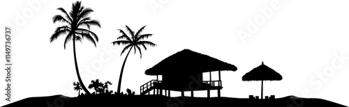 Une silhouette d'une île tropicale avec des palmiers et un bungalow