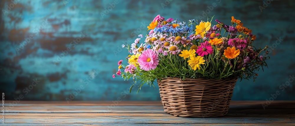 Fototapeta premium Charming wildflower basket arrangement, vibrant colors, rustic wooden table, textured backdrop, cozy and natural aesthetic, ultradetailed photography style