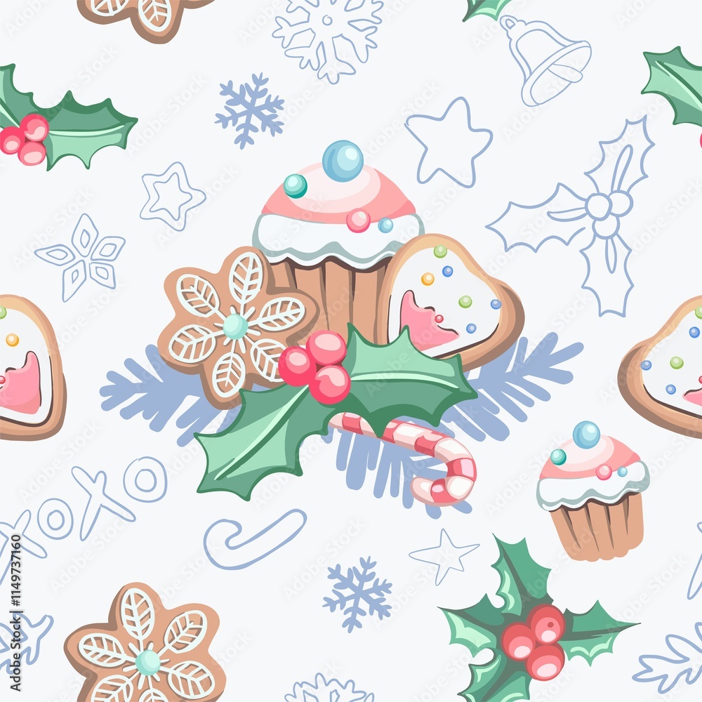 Merry Christmas! Happy New Year - a seamless pattern on a festive, winter theme from cute illustrations, elements in a flat style. Digital illustration Merry Christmas! Happy New Year - a seamless pattern on a festive, winter theme from cute illustrations, elements in a flat style. Digital illustration