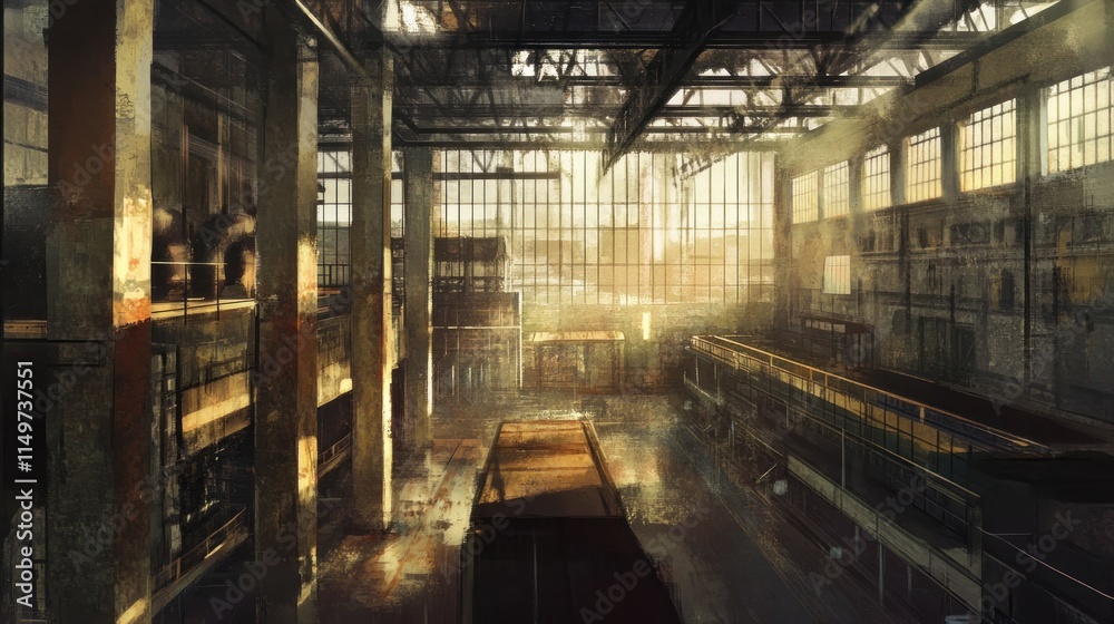 Fototapeta premium Sunlit Interior of an Abandoned Industrial Building