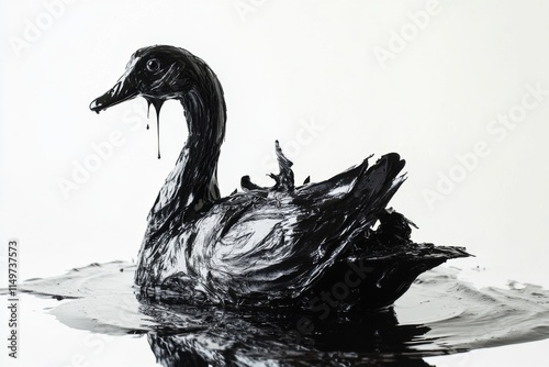 Blackened duck floats in dark liquid while drips of paint trail down its feathers in a striking display of art and nature photo