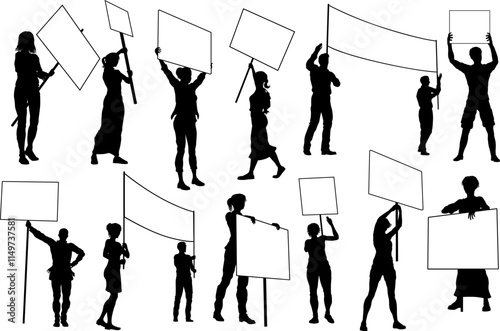 Protestors or demonstrators men and women. At a demonstration march, picketing line or strike protest rally in silhouette. Holding banners, picket signs and megaphone or mega phone.