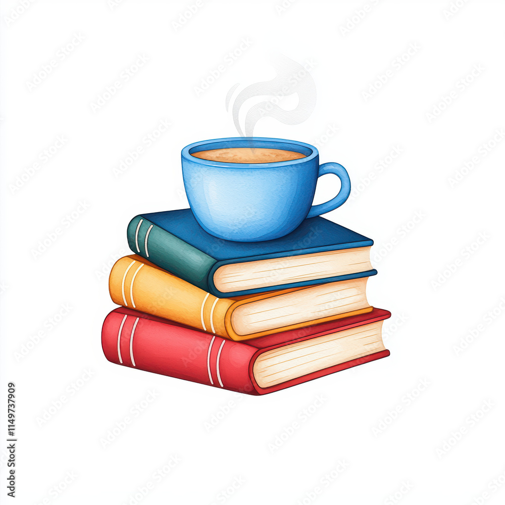 cozy stack of colorful books with steaming cup of coffee on top, perfect for relaxation cozy stack of colorful books with steaming cup of coffee on top, perfect for relaxation