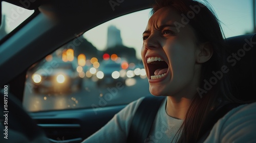 Amidst the chaos of city traffic, a woman in a car unleashes her pent-up frustration, shouting and gesturing wildly while navigating through a crowded street photo