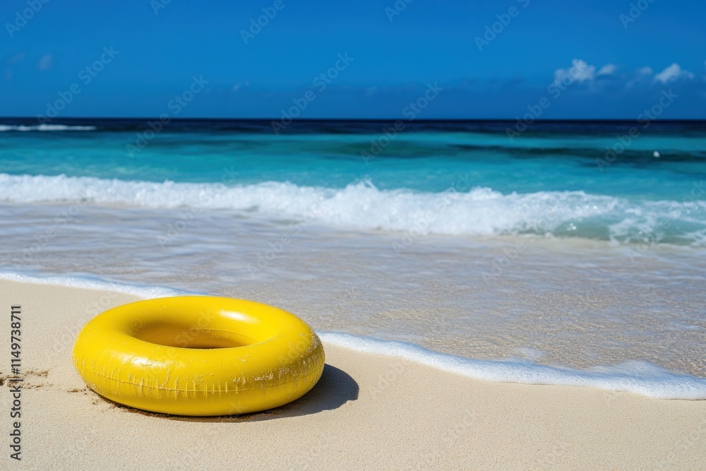 Naklejka premium Vibrant Yellow Lifebuoy Floating Calmly on Sandy Beach with Crystal Clear Turquoise Water Under a Bright Blue Sky on a Sunny Day