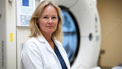 A healthcare professional stands in a modern medical facility, sharing insights about patient procedures and radiology services available. The environment is equipped with advanced imaging technology.