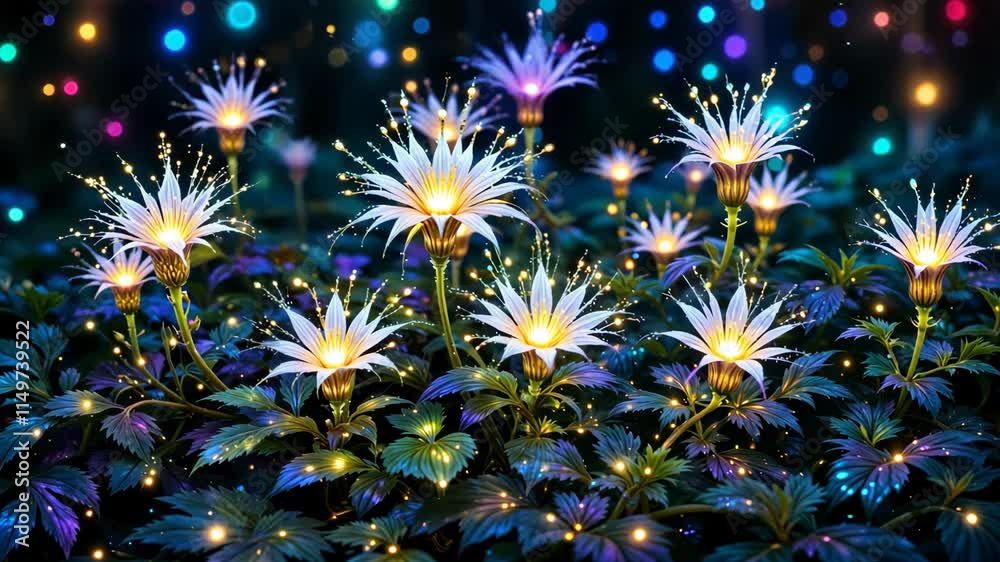 A field of white flowers with lights shining on them A field of white flowers with lights shining on them