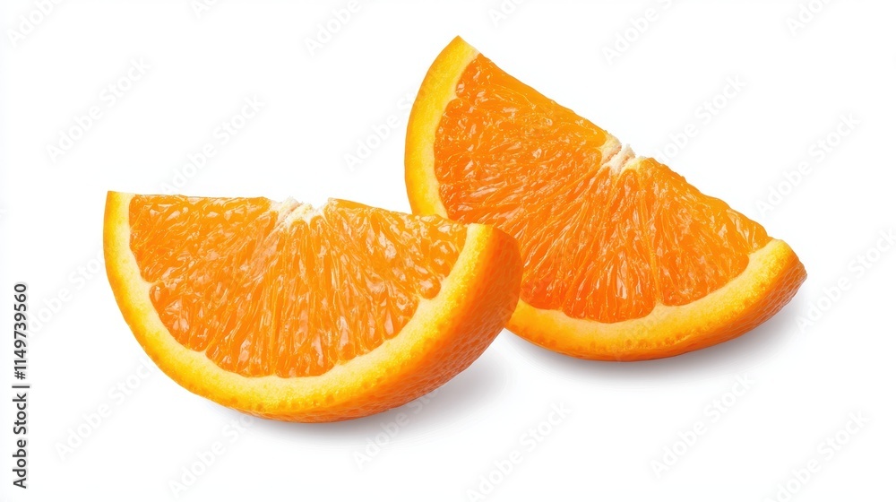 Two juicy orange slices, vibrant and fresh, isolated on white background. Two juicy orange slices, vibrant and fresh, isolated on white background.