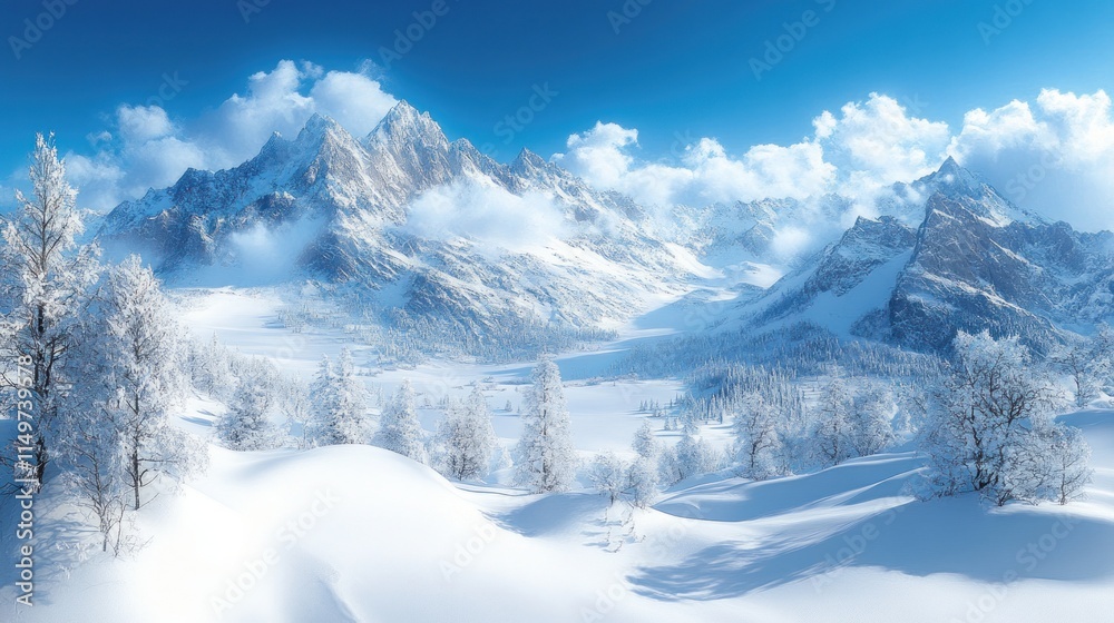 Fototapeta premium Snow-covered mountains, winter wonderland, serene landscape.