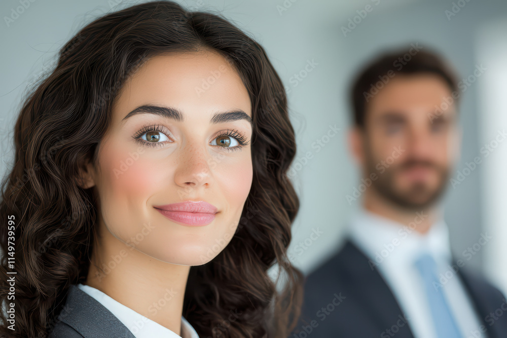 Confident woman in business suit smiling, with man in background Confident woman in business suit smiling, with man in background