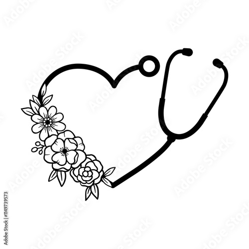 Floral heart stethoscope svg cut file. Isolated vector illustration.