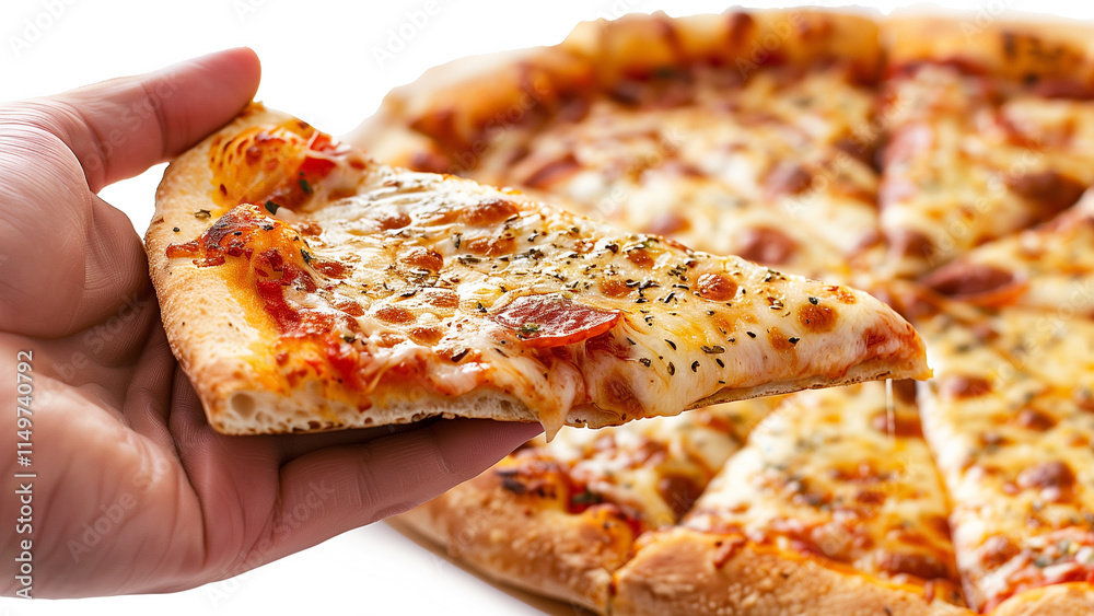 hand holds up triangular slice of pepperoni pizza, crispy crust, melted cheese hand holds up triangular slice of pepperoni pizza, crispy crust, melted cheese