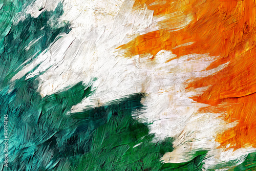 Irish tricolour vibrant graphic featuring green, white, and orange paint strokes, St. Patrick's Day theme festive background, Ireland cultural celebration, copy space for advertising, event marketing. photo