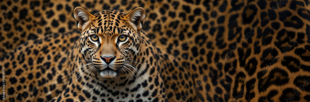 Obraz premium Close-up of a leopard with detailed fur patterns and piercing gaze, against a blurred matching background. Concept of wildlife beauty. Banner