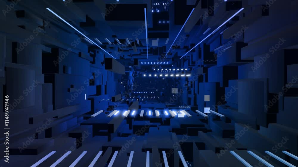 3d looped abstract background with data blocks. Information technology concept with data flow. Blue dark sci fi bg fly through hi tech digital space, neon light. Data flow in blockchain or bigdata.