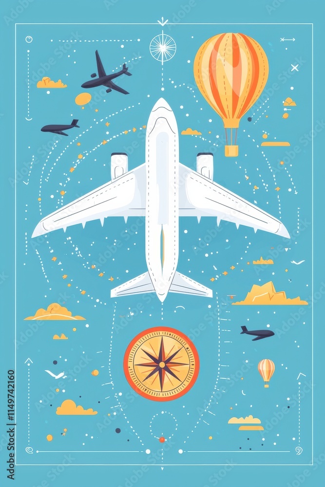 Naklejka premium Flat design illustration of an airplane and hot air balloon