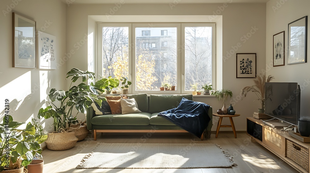 Sunlit living room with green sofa, plants, and artwork.
