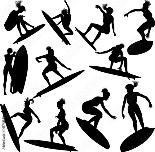 Surfer surfboard boarding female surfer surfing silhouette outlines. Women surf pose design concept. photo