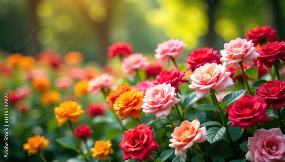 A colorful array of flowers in shades of pink and red sway gently in the breeze on a warm summer day, roses, gardening A colorful array of flowers in shades of pink and red sway gently in the breeze on a warm summer day, roses, gardening