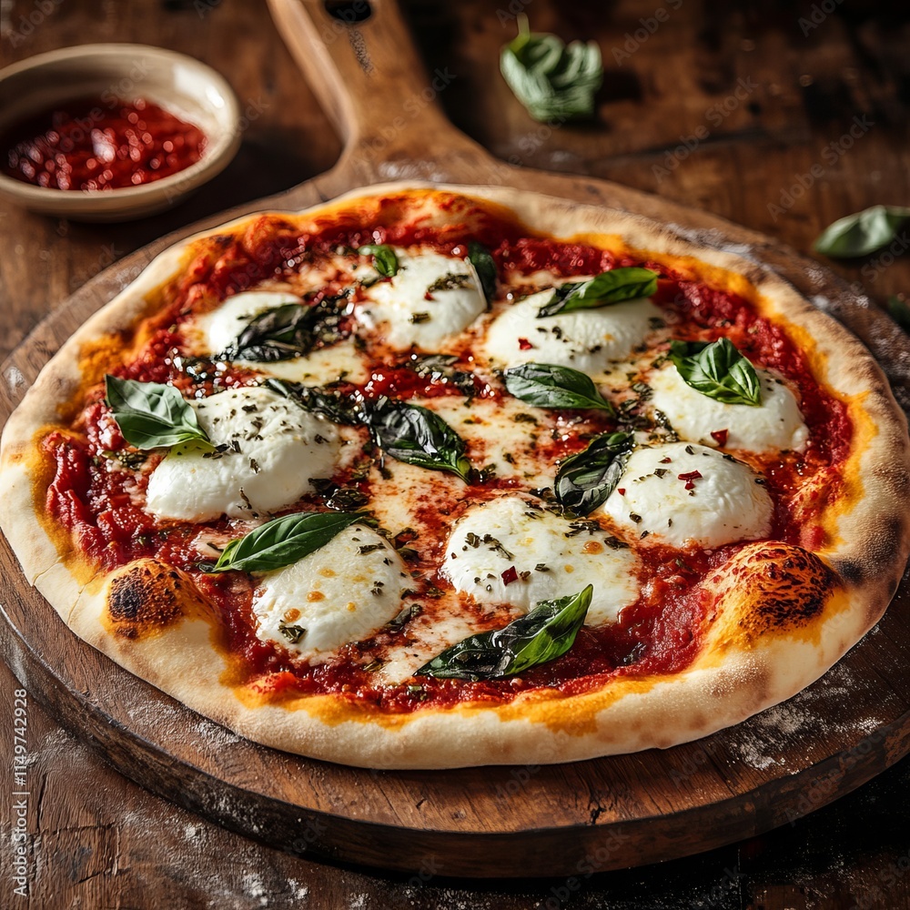 A classic Italian margherita pizza with fresh mozzarella, basil, and a rich tomato sauce A classic Italian margherita pizza with fresh mozzarella, basil, and a rich tomato sauce