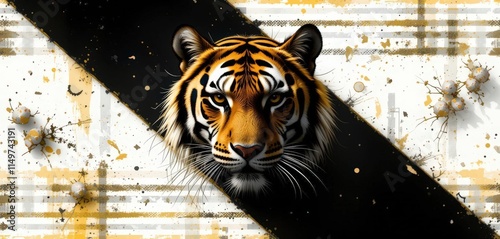 Tiger head with abstract artistic background in black and gold hues.
