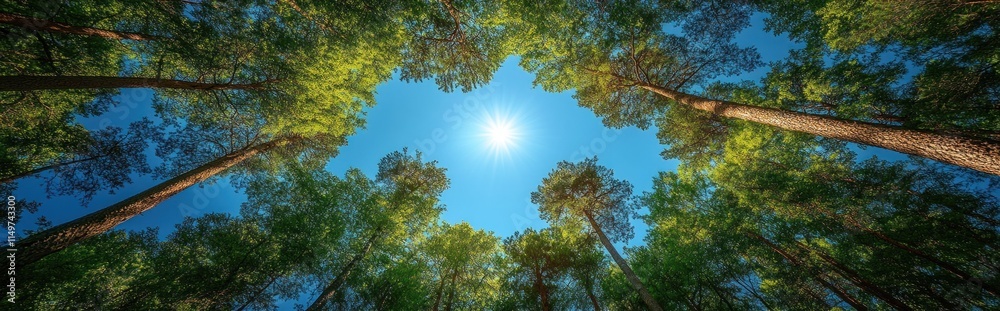 Obraz premium Sun shining through lush green forest canopy. (1)