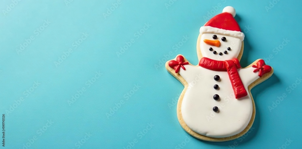 A decorated sugar cookie shaped like a snowman on a blue background, Christmas, winter, snowman A decorated sugar cookie shaped like a snowman on a blue background, Christmas, winter, snowman