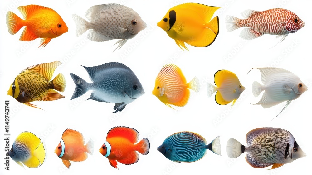 Fototapeta premium Vibrant Collection of Tropical Fish Isolated on White.