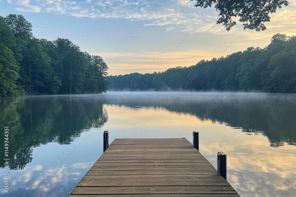 Tranquil lake dock scene at dawn serene waters, lush trees, and gentle morning mist Tranquil lake dock scene at dawn serene waters, lush trees, and gentle morning mist