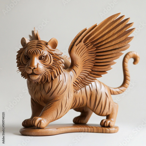 The wood carved flying tiger with wings is made of sandalwood, and the whole body is symmetrical in shape, showing excellent details on a white background. photo