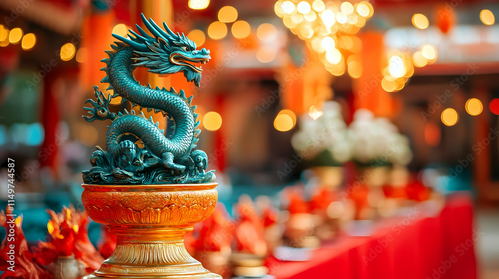 Fototapeta premium Teal Dragon Statue Illustration, Asian Culture
