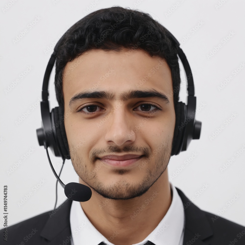Portrait of man in call center with smile, headset and happy to help at customer service agency or sales desk. Telemarketing, communication or reception, businessman with cheerful face . Ai generator 