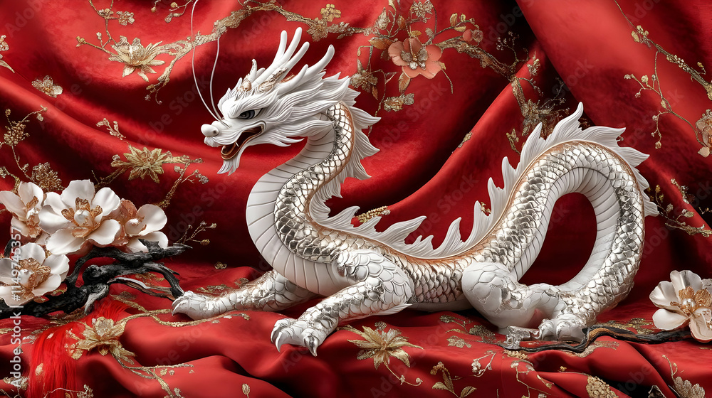 Fototapeta premium Elegant 3D Render of Silver Dragon on Red Fabric
