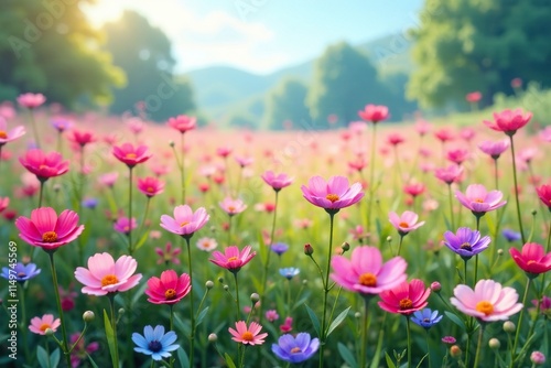 A field of colorful wildflowers in soft pink and blue hues, flower fields, landscape, garden