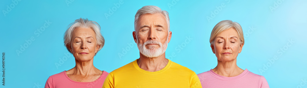 Seniors practicing yoga with closed eyes, promoting relaxation and mindfulness Seniors practicing yoga with closed eyes, promoting relaxation and mindfulness