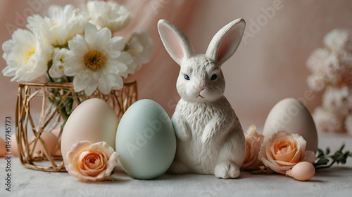 Adorable white ceramic bunny placed next to a few soft hued Easter Eggs and flower filled backdrop, photo