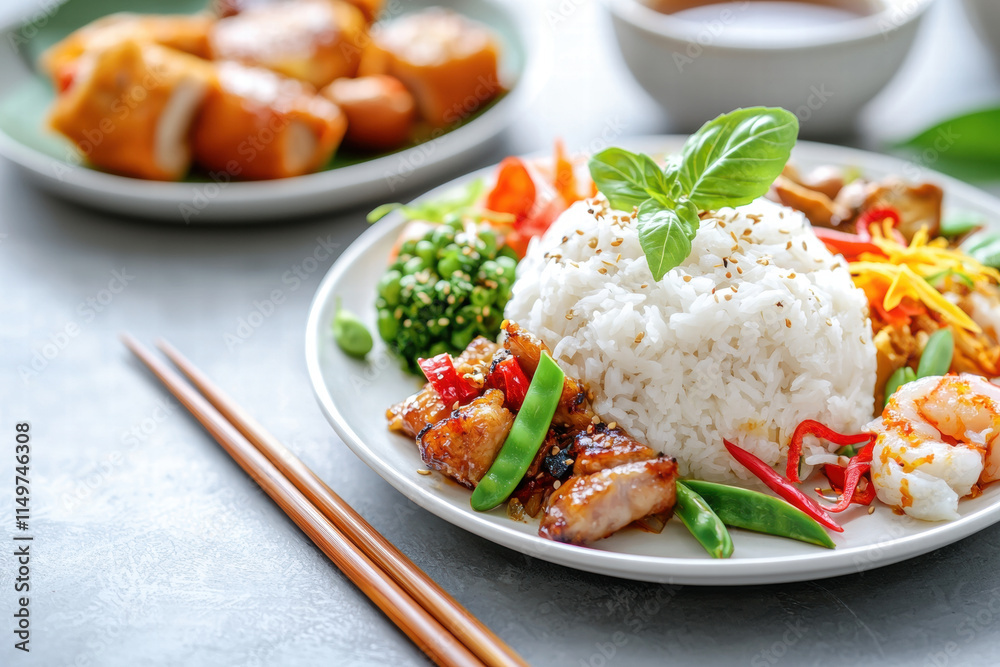 Delicious Asian cuisine featuring rice, grilled chicken, and fresh vegetables Delicious Asian cuisine featuring rice, grilled chicken, and fresh vegetables