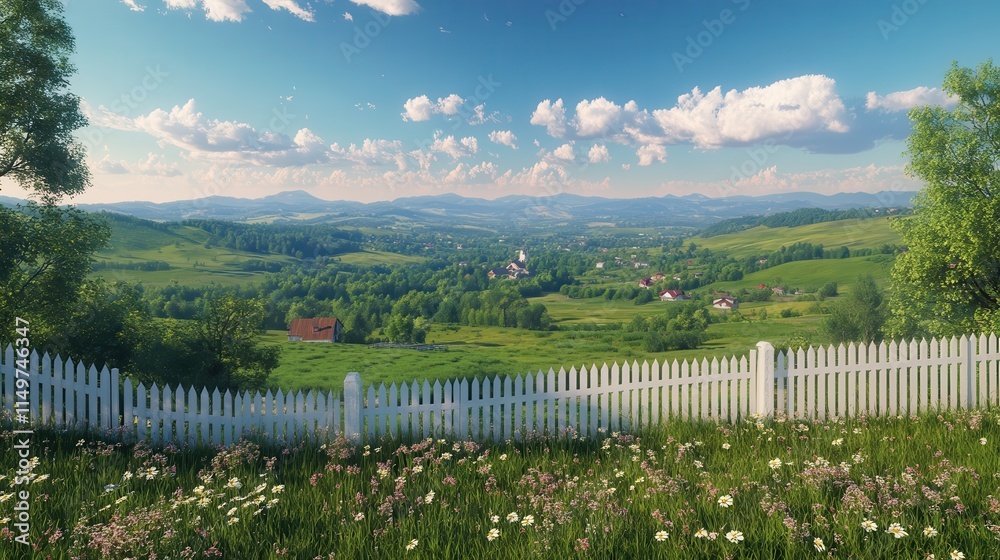 A scenic countryside view with a white picket fence and the sun rising over green fields.