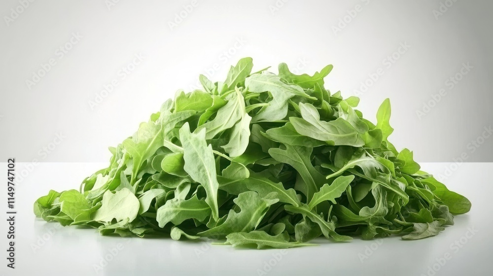 Fresh arugula leaves piled high on a surface. Fresh arugula leaves piled high on a surface.